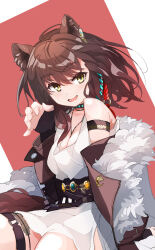 Rule 34 | 1girl, :d, animal ears, arknights, arm strap, bare shoulders, belt, blush, braid, breasts, brown hair, brown jacket, cleavage, dress, fang, fur-trimmed jacket, fur trim, haku (grimjin), highres, jacket, jewelry, long hair, long sleeves, looking at viewer, lunacub (arknights), medium breasts, necklace, off shoulder, open clothes, open jacket, open mouth, red background, side braid, sitting, smile, solo, tail, thigh strap, two-tone background, white background, white dress, wolf ears, wolf girl, wolf tail, yellow eyes