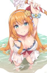 Rule 34 | 1girl, absurdres, arm up, bad id, bad pixiv id, barefoot, bead bracelet, beads, bikini, blue eyes, blush, bracelet, breasts, cleavage, closed mouth, commentary request, foreshortening, hairband, highres, jewelry, large breasts, long hair, looking at viewer, mushpz, orange hair, partially submerged, pecorine (princess connect!), pecorine (summer) (princess connect!), princess connect!, simple background, smile, solo, split mouth, standing, swimsuit, wading, water, wet, wet hair, white background, white bikini, white hairband