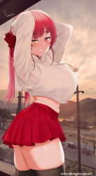 Rule 34 | 1girl, absurdres, arms up, black thighhighs, blush, bow, breasts, casual, cowboy shot, crop top, drawstring, eyebrows hidden by hair, facing to the side, grin, hair bow, heterochromia, highres, hololive, hood, hoodie, houshou marine, large breasts, long hair, long sleeves, miniskirt, outdoors, pleated skirt, red eyes, red hair, red skirt, riba, signature, skindentation, skirt, smile, solo, sunrise, teeth, thighhighs, thighs, twintails, twitter username, virtual youtuber, white hoodie, yellow eyes, zettai ryouiki