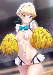 Rule 34 | 1girl, areola slip, audience, blonde hair, blue archive, blue eyes, blue ribbon, blush, breasts, bun cover, covered erect nipples, crowd, dearonnus, hair bun, hair ribbon, halo, highres, looking at viewer, maid headdress, o-ring, one-piece swimsuit, pom pom (cheerleading), ribbon, short hair, single hair bun, slingshot swimsuit, small breasts, smile, solo, swimsuit, thighs, toki (blue archive), white one-piece swimsuit