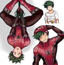 Rule 34 | 1boy, animal print, arm up, artist name, black eyes, blush, bodysuit, boku no hero academia, brown bodysuit, closed eyes, closed mouth, clothes writing, cosplay, covered collarbone, crossover, freckles, green eyes, green hair, hand up, highres, looking at viewer, looking to the side, male focus, marvel, mask, midoriya izuku, mikahyuni, open mouth, red bodysuit, red mask, shirt, short hair, short sleeves, simple background, smile, solo, spider-man, spider-man (cosplay), spider-man (series), spider print, spider web print, spiked hair, t-shirt, teeth, tongue, two-tone bodysuit, upside-down, white background, white shirt