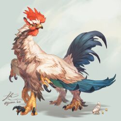 Rule 34 | animal focus, bird, chicken, chimera, commentary, english commentary, full body, fusion, grey background, griffin, highres, looking back, original, rooster, signature, simple background, twitter username, wing umbrella, yamamura le