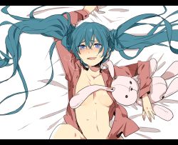 Rule 34 | 1girl, blue eyes, blue hair, blush, breasts, rabbit, censored, convenient censoring, drooling, from above, hatsune miku, heavy breathing, kurono yuu, letterboxed, long hair, looking at viewer, looking up, matching hair/eyes, navel, open clothes, open mouth, open shirt, saliva, shirt, solo, stuffed animal, stuffed rabbit, stuffed toy, sweat, tears, twintails, very long hair, vocaloid