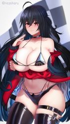 Rule 34 | 1girl, absurdres, ahoge, arm under breasts, armpit crease, azur lane, bare shoulders, bikini, black bikini, black choker, black hair, black thighhighs, blush, breasts, bridal garter, checkered flag, choker, cleavage, closed mouth, collarbone, commentary, covered erect nipples, cowboy shot, crossed bangs, curvy, flag, groin, hair between eyes, hand up, highleg, highleg bikini, highres, huge breasts, jacket, long hair, long sleeves, looking at viewer, multi-strapped bikini bottom, multi-strapped bikini top, multiple straps, nail polish, navel, no eyewear, off shoulder, official alternate costume, one side up, race queen, red eyes, red jacket, red nails, rezeharu, sidelocks, skindentation, smile, solo, standing, stomach, swimsuit, taihou (azur lane), taihou (enraptured companion) (azur lane), thick thighs, thigh strap, thighhighs, thighs, twitter username, underboob, very long hair, white background