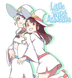 Rule 34 | 2girls, alternate costume, blonde hair, blush, breasts, brown hair, copyright name, crazycat47, diana cavendish, hat, hooded robe, hug, hug from behind, kagari atsuko, little witch academia, logo, long hair, looking at another, luna nova school uniform, multicolored hair, multiple girls, neck, official alternate costume, robe, school uniform, simple background, two-tone hair, uniform, white background, white robe, witch hat, witch robe, yuri
