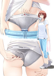 Rule 34 | 1girl, absurdres, aketa mikoto, ass, blue pants, brown hair, calvin klein, cameltoe, clothes pull, crotch seam, gradient hair, grey panties, highres, holding, holding towel, idolmaster, idolmaster shiny colors, long hair, multicolored hair, multiple views, nail polish, panties, pants, pants pull, panty focus, pulling own clothes, puriketsu corgy, shirt, shoes, simple background, standing, towel, underwear, white background, white shirt