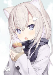 Rule 34 | 1girl, :o, animal ear fluff, animal ears, artist name, black scarf, blush, brown hair, brown sweater, capriccio, cat ears, coat, commentary request, enpera, fang, food, fringe trim, grey background, grey coat, hair between eyes, hair ornament, hairclip, hands up, holding, holding food, long hair, long sleeves, looking at viewer, open mouth, original, purple eyes, roasted sweet potato, scarf, sleeves past wrists, solo, steam, sweater, sweet potato, upper body, white background