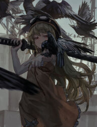 Rule 34 | 1girl, absurdres, animal, animal on arm, bare arms, bare shoulders, bird, blonde hair, brown hat, closed mouth, commentary request, dress, frilled dress, frills, goggles, goggles on headwear, hat, highres, holding, holding sword, holding weapon, katana, long hair, monogatari (series), oshino shinobu, over shoulder, pink dress, red eyes, sheath, sheathed, sleeveless, sleeveless dress, solipsist, solo, sword, sword over shoulder, very long hair, weapon, weapon over shoulder