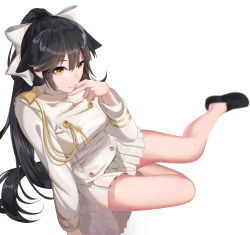 Rule 34 | 1girl, absurdres, animal ears, azur lane, black footwear, black hair, blush, bow, breasts, brown eyes, gloves, hair bow, hair flaps, hand up, henz, highres, large breasts, long hair, looking at viewer, military, military uniform, miniskirt, pleated skirt, ponytail, ribbon, shoes, simple background, skirt, solo, takao (azur lane), thighs, uniform, very long hair, white background, white bow