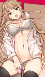 Rule 34 | 1girl, 2015, bra, breasts, brown eyes, brown hair, cameltoe, condom wrapper, dated, gin (ginshari), long hair, navel, open clothes, open mouth, open shirt, original, panties, panty pull, shirt, solo, thighhighs, underwear