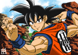Rule 34 | 1boy, arms up, bad id, bad pixiv id, black eyes, black hair, blue shirt, blue wristband, check commentary, cloud, commentary, commentary request, dougi, dragon ball, dragonball z, fighting stance, looking at viewer, male focus, muscular, orange shirt, outdoors, rock, shirt, signature, sky, smile, solo, son goku, spiked hair, undershirt, upper body, wristband, yamayoshi