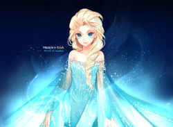 Rule 34 | 1girl, animification, blonde hair, blue background, blue eyes, braid, character name, copyright name, dated, dress, elsa (frozen), female focus, frozen (disney), glowing, hair over shoulder, hair slicked back, long hair, looking at viewer, nardack, queen, sequins, single braid, solo, watermark
