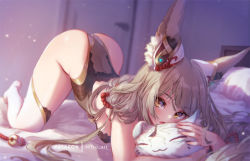 Rule 34 | 1girl, :o, all fours, animal ears, ass, bare hips, breasts, ear ornament, grey hair, hug, kneeling, leotard, looking at viewer, mitsu (mitsu art), nia (blade) (xenoblade), nia (xenoblade), hugging object, pillow, pillow hug, solo, thighhighs, top-down bottom-up, white thighhighs, xenoblade chronicles (series), xenoblade chronicles 2, yellow eyes