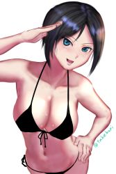 Rule 34 | 1girl, artist request, bare shoulders, bikini, black bikini, black hair, blush, breasts, chouno ami, girls und panzer, highres, large breasts, looking at viewer, navel, open mouth, short hair, simple background, solo, swimsuit, tagme