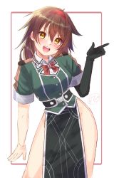 Rule 34 | 1girl, :d, bare legs, black gloves, blush, breasts, brown eyes, brown hair, cosplay, dated, elbow gloves, gloves, hair flaps, hairband, ittokyu, kantai collection, long hair, looking at viewer, medium breasts, no panties, open mouth, orange eyes, pelvic curtain, red hairband, red neckwear, ribbon, shiratsuyu (kancolle), short sleeves, signature, simple background, single glove, smile, solo, tone (kancolle), tone (kantai collection) (cosplay), white background, yellow eyes