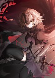 Rule 34 | 1girl, absurdres, ahoge, armor, armored dress, black dress, black thighhighs, blonde hair, breasts, breasts apart, dress, fate/grand order, fate (series), gauntlets, highres, jeanne d&#039;arc (fate), jeanne d&#039;arc alter (avenger) (fate), jeanne d&#039;arc alter (avenger) (first ascension) (fate), jeanne d&#039;arc alter (fate), looking at viewer, mochi chuuyuu, on one knee, short hair, solo, sword, thighhighs, weapon, yellow eyes