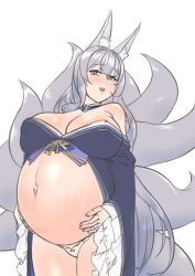 Rule 34 | 1girl, akeggle, animal ears, azur lane, bare shoulders, big belly, blue eyes, blunt bangs, blush, breasts, choker, cleavage, collarbone, covered erect nipples, cowboy shot, curvy, fox ears, fox girl, fox tail, from below, groin, hand on own stomach, huge breasts, japanese clothes, kimono, kitsune, kyuubi, long hair, looking at viewer, looking down, multiple tails, navel, outie navel, panties, parted lips, pregnant, shinano (azur lane), sidelocks, silver hair, simple background, smile, standing, tail, thick thighs, thighs, underwear, very long hair, wide hips, wide sleeves