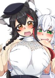 Rule 34 | 2girls, animal ears, blush, braid, braided ponytail, breasts, brown eyes, grabbing, grabbing another&#039;s breast, grabbing from behind, green eyes, hat, highres, hololive, huge breasts, long hair, multicolored hair, multiple girls, ookami mio, open mouth, pointy ears, ponytail, shichuu katsu, shirakami fubuki, simple background, virtual youtuber, white background, white hair, yuri