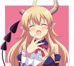 Rule 34 | 1girl, :d, ^ ^, ahoge, bad id, bad pixiv id, bare shoulders, blonde hair, border, broken horn, closed eyes, commentary, demon girl, demon horns, demon tail, detached collar, detached sleeves, facing viewer, fang, hand up, highres, horns, lilith (machikado mazoku), long hair, machikado mazoku, neck ribbon, open mouth, outside border, pink background, pointy ears, red ribbon, ribbon, simple background, skin fang, smile, solo, tail, tail raised, tearing up, upper body, very long hair, white border, zeta (24904340)