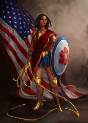 Rule 34 | 1girl, american flag, arm guards, armlet, armor, black hair, boots, costume, dc comics, flag, full body, highres, holding, holding shield, holding weapon, inkary, lasso, shield, solo, standing, tagme, tiara, tulsi gabbard, weapon, wonder woman, wonder woman (series)