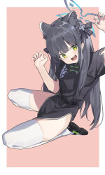 Rule 34 | 1girl, absurdres, animal ear fluff, animal ears, belt, black belt, black dress, black hair, blue archive, blue halo, blunt bangs, border, china dress, chinese clothes, commentary, dress, extra ears, feishi, green eyes, halo, highres, long hair, looking to the side, open mouth, outside border, paw pose, pink background, shoes, short sleeves, shun (blue archive), shun (small) (blue archive), sitting, smile, solo, thighhighs, thighs, wariza, white border, white thighhighs