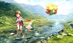Rule 34 | 1girl, :&gt;, backpack, bag, blue sky, blush, brown eyes, brown footwear, brown hair, buttons, cardigan, cloud, collared dress, creatures (company), day, dress, female focus, flat chest, floating, furry, game freak, gen 8 pokemon, gloria (pokemon), gossifleur, grass, green headwear, green legwear, grey cardigan, hands up, happy, hat, highres, holding strap, jumping, leg up, light blush, long sleeves, looking at another, mountain, nintendo, open mouth, orange eyes, outdoors, pink dress, plaid, plaid legwear, pokemon, pokemon (creature), pokemon swsh, revision, ribero, scorbunny, shoes, short hair, sidelocks, sky, smile, socks, standing, standing on one leg, stream, tam o&#039; shanter, water