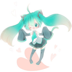 Rule 34 | ahoge, animal ears, boots, cat ears, cat tail, cocoa (artist), detached sleeves, floating hair, green eyes, green hair, hatsune miku, headset, heart, long hair, necktie, one eye closed, open mouth, shii (cocoa), skirt, sleeves past wrists, solo, tail, thigh boots, thighhighs, twintails, very long hair, vocaloid, wink