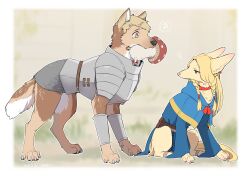 Rule 34 | animal, animal focus, animalization, armor, blonde hair, blue capelet, blue robe, bracer, braid, brown background, capelet, closed mouth, clothed animal, collar, commentary request, dated, dog, dungeon meshi, full body, green eyes, highres, laios touden, long hair, looking at another, marcille donato, mouth hold, no humans, outdoors, pauldrons, robe, short hair, shoulder armor, sitting, tsukune (budodesu), twin braids, very short hair, walking mushroom (dungeon meshi), yellow eyes