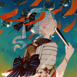 Rule 34 | 1girl, alternate costume, aqua hair, black ribbon, bracelet, commentary, english commentary, evening, folded fan, folding fan, from behind, grey eyes, hair ribbon, hand fan, head tilt, highres, holding, holding fan, hololive, hoshimachi suisei, japanese clothes, jewelry, kimono, looking at viewer, obi, paper fan, ribbon, sash, side ponytail, sidelocks, sky, softmode, solo, star (sky), starry sky, swept bangs, symbol in eye, virtual youtuber, wide sleeves, wind chime