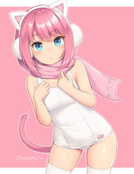Rule 34 | 1girl, animal ears, bare arms, bare shoulders, blue eyes, blush, breasts, cat ears, cat tail, closed mouth, covered navel, cowboy shot, earmuffs, hairband, hands up, leaning to the side, letterboxed, looking at viewer, medium hair, one-piece swimsuit, original, paw print, pink background, pink hair, sasaame, school swimsuit, small breasts, solo, swimsuit, tail, thighhighs, twitter username, white one-piece swimsuit, white thighhighs