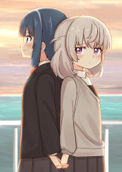 Rule 34 | 2girls, absurdres, ao (flowerclasse), black hair, black jacket, black skirt, blazer, blue eyes, blush, closed mouth, collared shirt, commentary request, from side, grey hair, grey sweater, highres, holding hands, horizon, interlocked fingers, jacket, looking at viewer, looking away, looking to the side, minagi hiyori, multiple girls, ocean, open clothes, open jacket, outdoors, pleated skirt, profile, purple eyes, railing, shirt, skirt, slow loop, smile, sunset, sweater, twintails, water, white shirt, yoshinaga koi