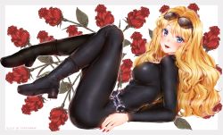 Rule 34 | 1girl, absurdres, blonde hair, blue eyes, boots, breasts, catsuit, cleavage, cowboy bebop, curly hair, flower, highres, julia (cowboy bebop), lipstick, makeup, nail polish, petals, red nails, rose, sunglasses, sunglasses on head
