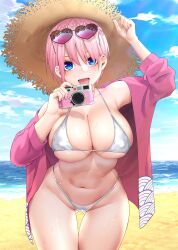 1girl absurdres adjusting_clothes adjusting_headwear beach bikini black-framed_eyewear blue_eyes blue_sky blush breasts camera cleavage cloud cloudy_sky collarbone day eyewear_on_head gluteal_fold go-toubun_no_hanayome hat heart heart-shaped_eyewear highres holding holding_camera huge_breasts kosmos_beta long_sleeves looking_at_viewer nail_polish nakano_ichika navel ocean open_mouth outdoors pink-tinted_eyewear pink_hair pink_nails pink_shirt sand shirt short_hair sky smile solo stomach straw_hat sunglasses swimsuit thighs tinted_eyewear water wet white_bikini yellow_hat