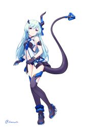 Rule 34 | 1girl, aqua hair, armlet, ass, asymmetrical horns, bare shoulders, black gloves, black panties, blush, boots, breasts, commentary request, danraz0r, dress, ehart, expressionless, full body, gloves, hair between eyes, hair ornament, hair ribbon, highres, honkai (series), honkai impact 3rd, horns, liliya olenyeva, long hair, looking at viewer, mechanical tail, navel, open clothes, open dress, panties, purple eyes, ribbon, short dress, simple background, single horn, small breasts, solo, standing, tail, thighhighs, twitter username, underwear, uneven horns, white background