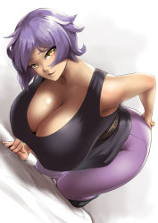 Rule 34 | 1girl, all fours, bed, bed sheet, belt, black shirt, breasts, cleavage, commentary, dutch angle, hanging breasts, head tilt, highres, huge breasts, light smile, looking at viewer, original, packge, pants, parted lips, purple hair, purple pants, shirt, short hair, smile, solo, yellow eyes