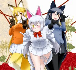 Rule 34 | 3girls, ;), ;d, animal ears, bare legs, black gloves, black hair, black pantyhose, black skirt, blonde hair, blue jacket, blush, bow, bowtie, breast pocket, brown gloves, brown hair, buttons, closed mouth, commentary request, extra ears, ezo red fox (kemono friends), feet out of frame, floral background, flower, fox ears, fox girl, fox shadow puppet, fox tail, fur-trimmed sleeves, fur trim, gloves, gradient legwear, grey hair, hair between eyes, highres, jacket, kemono friends, leaning forward, long hair, long sleeves, looking at viewer, miniskirt, multicolored hair, multiple girls, mun, oinari-sama (kemono friends), one eye closed, open mouth, orange eyes, orange jacket, pantyhose, parted lips, pleated skirt, pocket, sidelocks, silver fox (kemono friends), skirt, smile, standing, tail, thigh strap, two-tone hair, very long hair, white gloves, white jacket, white skirt, yellow eyes