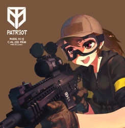 Rule 34 | 1girl, assault rifle, baseball cap, brown hair, commentary, gloves, goggles, gun, hat, holding, holding gun, holding weapon, hood, hoodie, load bearing equipment, open mouth, original, ponytail, rias-coast, rifle, simple background, solo, weapon