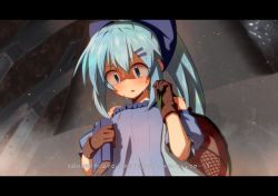 Rule 34 | 1girl, blue bow, blue eyes, blue hair, blush, bow, flower knight girl, hair bow, letterboxed, long hair, mizunashi (second run), nerine (flower knight girl), ponytail, solo, sweat, translated