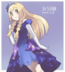 Rule 34 | 1girl, bare shoulders, blonde hair, blue dress, braid, creatures (company), dated, dress, elbow gloves, game freak, gloves, gradient dress, green eyes, hair ornament, han0579, lillie (anniversary 2021) (pokemon), lillie (pokemon), long hair, looking at viewer, nintendo, official alternate costume, pokemon, pokemon masters ex, purple background, smile, solo, twin braids, white gloves
