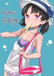 Rule 34 | 1girl, alternate costume, artist name, black hair, blue background, camisole, casual, cowboy shot, food, highres, kantai collection, popsicle, puddinghomhom, purple eyes, purple shorts, short hair, shorts, shounan (kancolle), solo, swimsuit, swimsuit under clothes, twintails, white camisole, white headwear