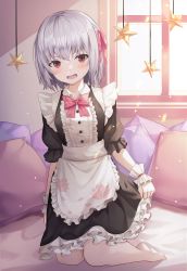 Rule 34 | 1girl, absurdres, alternate costume, apron, backlighting, black dress, blush, breasts, dress, enmaided, fate/grand order, fate (series), floral print, frills, hair ribbon, highres, kama (fate), kama (first ascension) (fate), kneeling, looking at viewer, maid, open mouth, pantyhose, puffy short sleeves, puffy sleeves, red eyes, ribbon, short hair, short sleeves, shuvi (shuvi1125), silver hair, small breasts, solo, white apron, white pantyhose, window, wrist cuffs