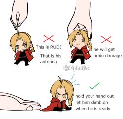 Rule 34 | 1boy, absurdres, aiphelix, blonde hair, braid, braided ponytail, checkmark, chibi, coat, commentary, disembodied limb, edward elric, english commentary, english text, fullmetal alchemist, highres, how to hold x (meme), lifting person, long hair, looking at viewer, male focus, meme, mini person, miniboy, red coat, simple background, squeezing, x, yellow eyes