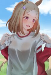 Rule 34 | 1girl, absurdres, animal ears, blonde hair, blue sky, blush, breasts, cloud, cloudy sky, commentary request, ear covers, ear ornament, gradient eyes, grass, highres, horse ears, horse girl, horse tail, irasutodog, jacket, long sleeves, medium breasts, medium hair, multicolored eyes, narita top road (umamusume), open clothes, open jacket, open mouth, outdoors, removing jacket, see-through, see-through shirt, shirt, single ear cover, sky, smile, solo, sweat, tail, track jacket, umamusume, white shirt