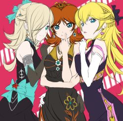 Rule 34 | 3girls, armlet, black dress, black gloves, blonde hair, blue eyes, breasts, brown hair, cleavage, cowboy shot, diadem, dress, earrings, elbow gloves, floating hair, floral print, friends, gloves, hair between eyes, hair over one eye, hand on another&#039;s hip, hand on another&#039;s shoulder, heart, heart earrings, index finger raised, jewelry, long hair, looking at viewer, love live!, love live! school idol project, mario (series), mario party, medium breasts, multiple girls, necklace, nintendo, open mouth, princess daisy, princess peach, print dress, rosalina, silver hair, sketch, sleeveless, sleeveless dress, smile, soldier game, standing, super mario bros. 2, super mario land, tomboy, uzuki (suzu04), white gloves