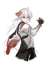 Rule 34 | 1boy, black gloves, closed mouth, commentary request, expressionless, fingerless gloves, from behind, gawako, genshin impact, gloves, grey shirt, hand up, highres, kaedehara kazuha, long hair, looking at viewer, looking back, male focus, multicolored hair, ponytail, red eyes, red hair, shirt, simple background, sketch, solo, streaked hair, upper body, white background, white hair