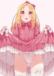 Rule 34 | 10s, 1girl, :d, absurdres, aka aka, blonde hair, blush, bow, bow legwear, brown eyes, clothes lift, cowboy shot, dress, dress lift, drill hair, eromanga sensei, fang, frilled dress, frills, gluteal fold, hair bow, hairband, highres, lifted by self, long hair, looking at viewer, open mouth, panties, pink bow, pink dress, smile, solo, thighhighs, twin drills, underwear, white panties, white thighhighs, yamada elf
