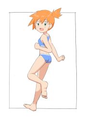 Rule 34 | 1girl, ass, breasts, creatures (company), feet, game freak, green eyes, gym leader, looking at viewer, midriff, misty (pokemon), nintendo, nyonn24, open mouth, orange hair, pokemon, pokemon rgby, short hair, side ponytail, simple background, smile, solo, swimsuit, white background