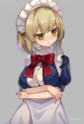 Rule 34 | 1girl, alternate breast size, apron, arms under breasts, blonde hair, blue dress, blush, bow, bowtie, commentary request, dress, frilled dress, frills, grey background, highres, maid, maid headdress, mugetsu (touhou), puffy short sleeves, puffy sleeves, razuzyamu, red bow, red bowtie, short hair, short sleeves, simple background, touhou, touhou (pc-98), upper body, waist apron, white apron, yellow eyes