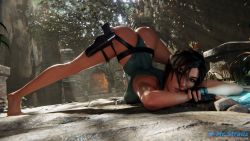 Rule 34 | 1girl, 3d, absurdres, ass, ass focus, bare legs, bare shoulders, barefoot, braid, breasts, brown hair, fingerless gloves, flexible, gloves, hair between eyes, highleg, highleg swimsuit, highres, huge ass, jack-o&#039; challenge, jungle, lara croft, large breasts, lips, looking at viewer, meme, nature, naughty face, one-piece swimsuit, shiny skin, single braid, skindentation, sky, solo, spread legs, strauzek, stretching, sweat, swimsuit, thigh strap, tomb raider, top-down bottom-up, wide spread legs