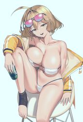 Rule 34 | 1girl, :d, ahoge, anis (nikke), anis (sparkling summer) (nikke), bare legs, bare shoulders, bikini, blue background, breasts, brown hair, can, collarbone, commentary request, eyepatch bikini, goddess of victory: nikke, groin, highres, holding, holding can, jacket, knee up, large breasts, looking at viewer, navel, off shoulder, open clothes, open jacket, open mouth, short hair, siguya, simple background, sitting, smile, solo, stomach, strapless, strapless bikini, swimsuit, thighs, white bikini, yellow eyes, yellow jacket